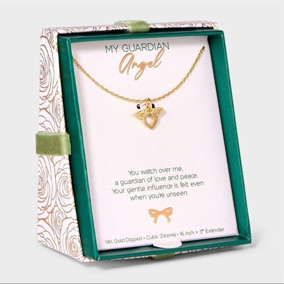 14K Gold Dipped Cubic Zirconia Open Heart Angel Wings Pendant Necklace - Gold - Picture 1 of 5